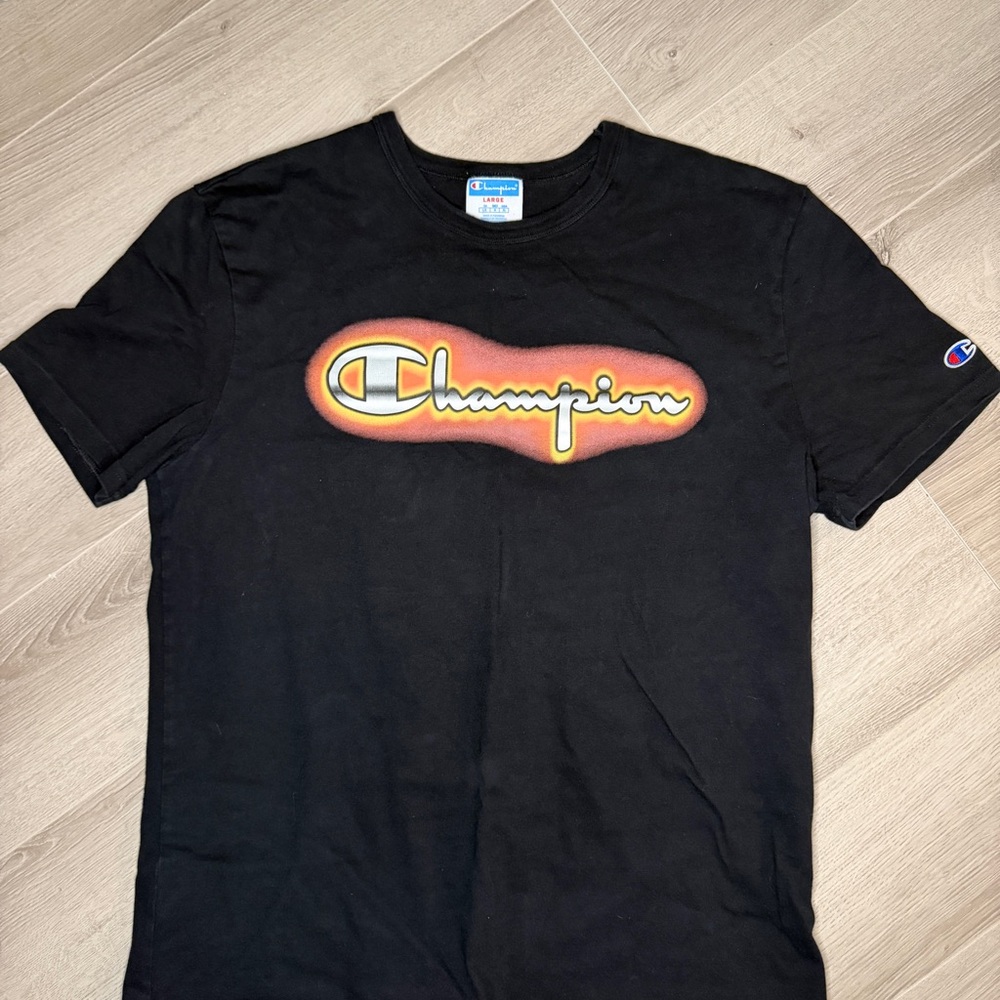 Vintage Champion Neon Glow Logo T Shirt L Black